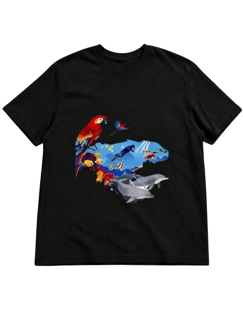 Black Ocean Life Graphic T-Shirt with Colorful Parrot and Dolphins